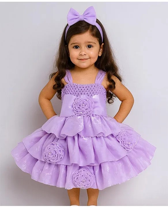 TINY MINY MEE Elastane Woven Sleeveless Floral & Bow Applique Detailed Layered Dress - Lavender